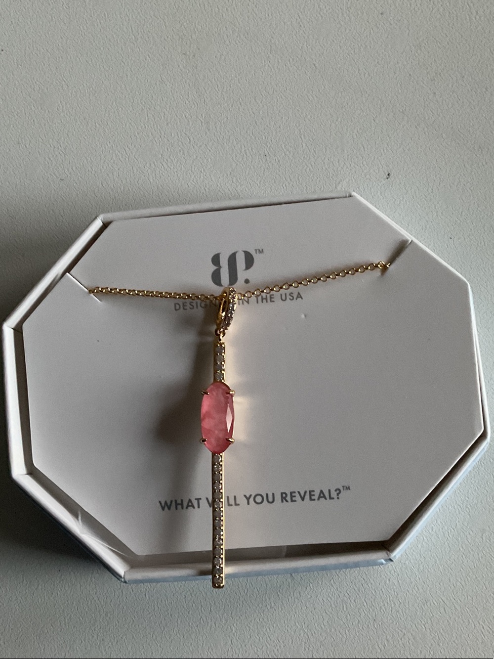 bp Gold-Tone Bar Necklace with Pink Stone